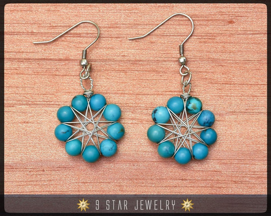 Natural Blue Turquoise Radiant Star Earrings - Baha'i 9 Star Wire-wrapped