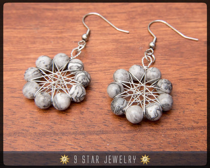 Landscape Jasper Radiant Star Earrings -  Wire-wrapped Dangle Earrings