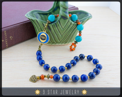 Turquoise & Lapis Lazuli w/ bahai ringstone symbol - Baha'i Prayer Beads 5x19 (Alláh-u-Abhá) "Azure"