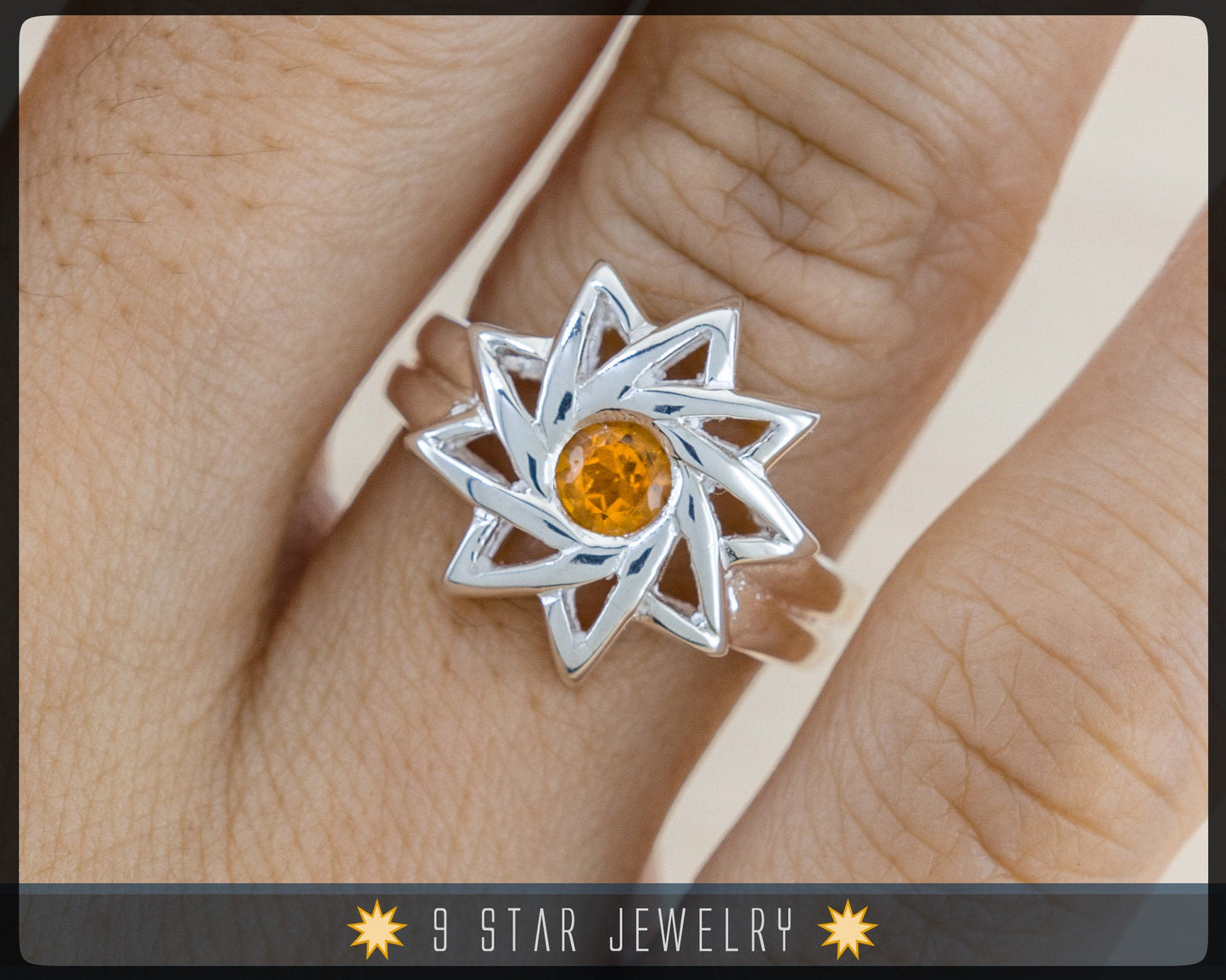 Citrine - Sterling Silver 9 Star Baha'i Ring with genuine gemstone - (Limited Edition)