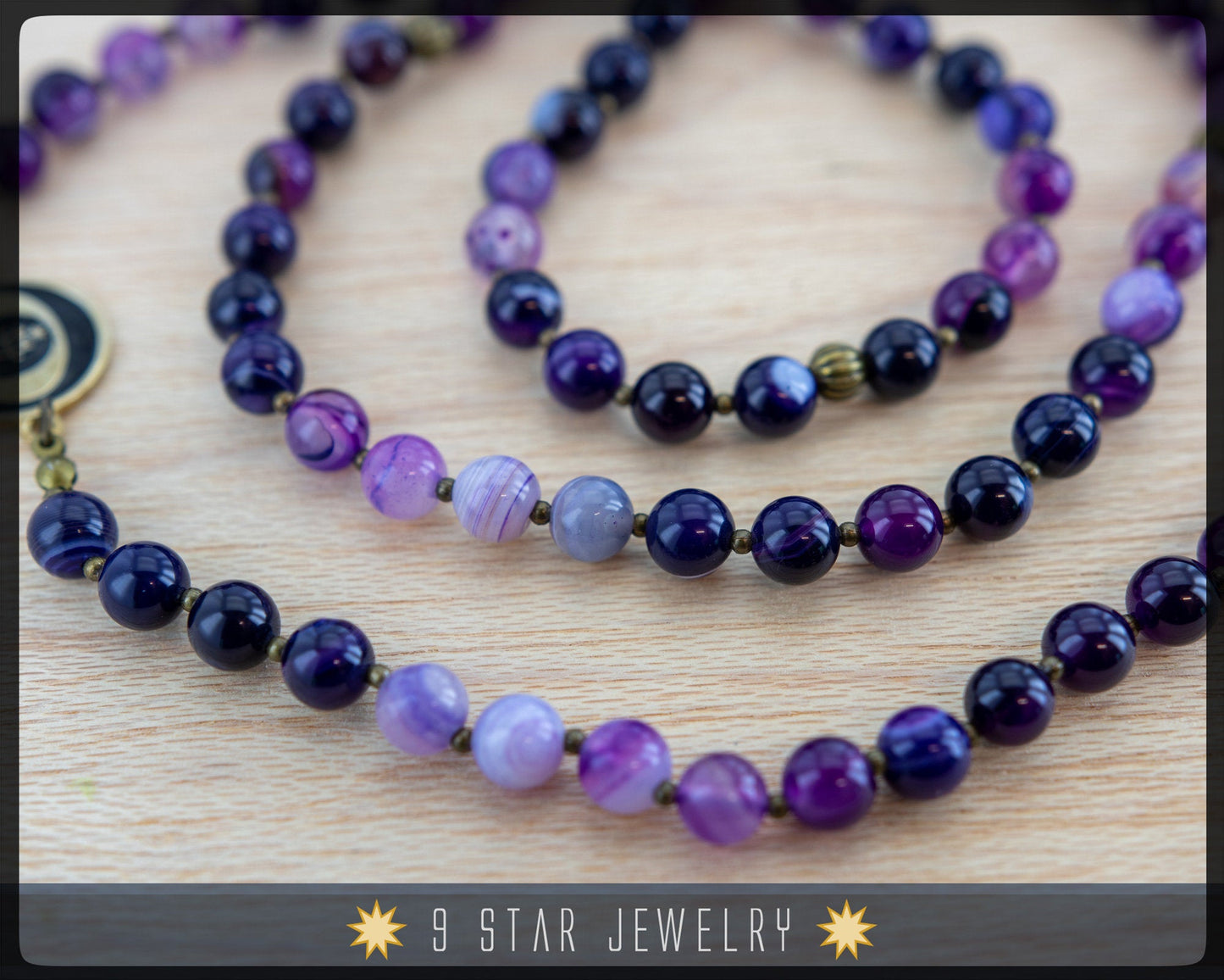 Purple Stripes Agate Baha'i Prayer Beads w/bahai ringstone symbol-"Deepest Gratitude"