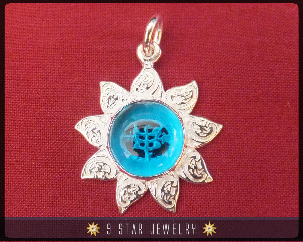 Sunflower - Sterling Silver 9 Star Bahai Pendant w/ simulated Blue Topaz