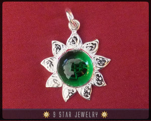 Sunflower - Sterling Silver 9 Star Bahai Pendant w/ simulated Emerald - BPS12E