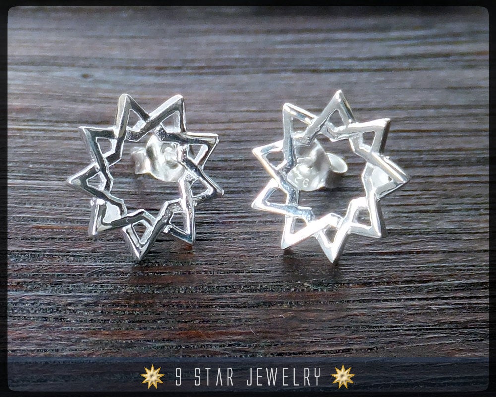 Sterling Silver Baha'i 9 Star Stud Earrings