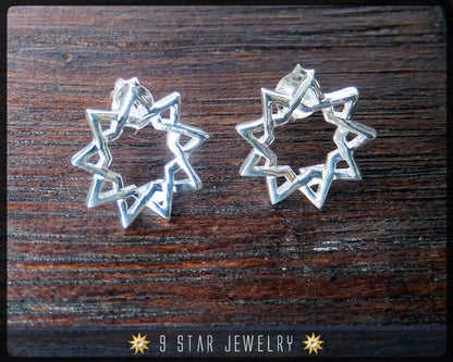 Sterling Silver Baha'i 9 Star Stud Earrings