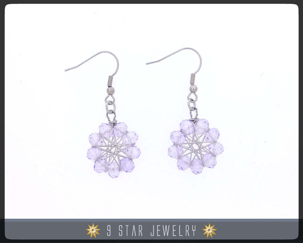 Radiant Star - Baha'i 9 Star Wire-wrapped Earrings - Lavender crystal