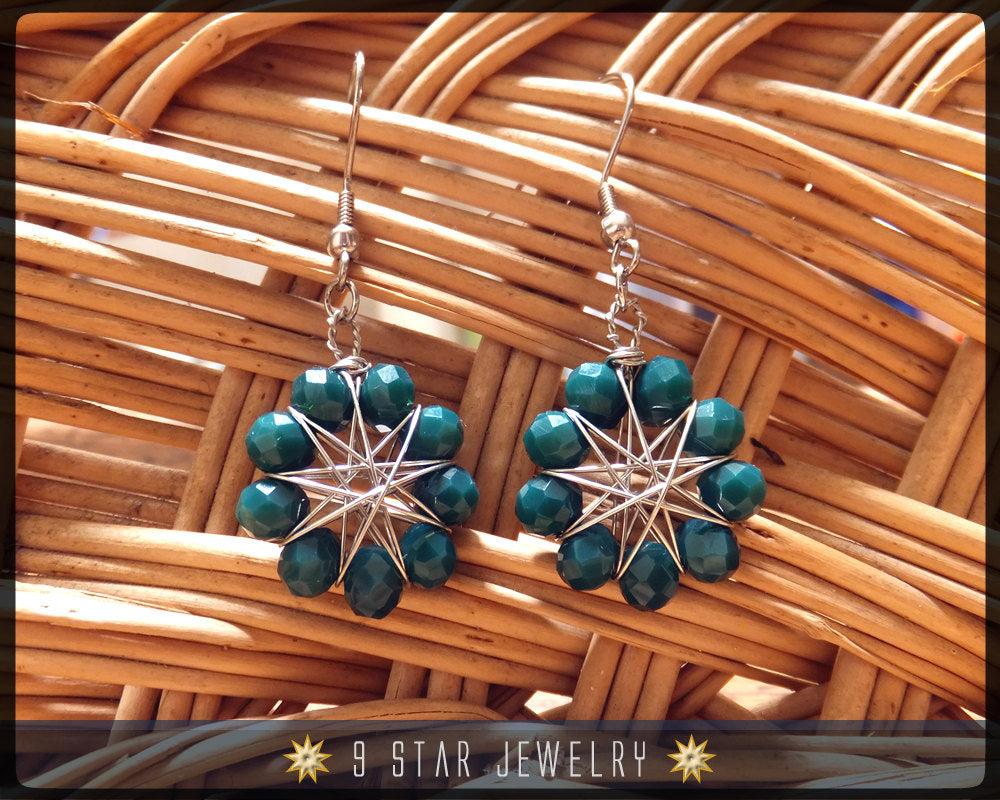 Radiant Star - Baha'i 9 Pointed Star Crystal Wire-wrapped Dangle Earrings -Pine Green